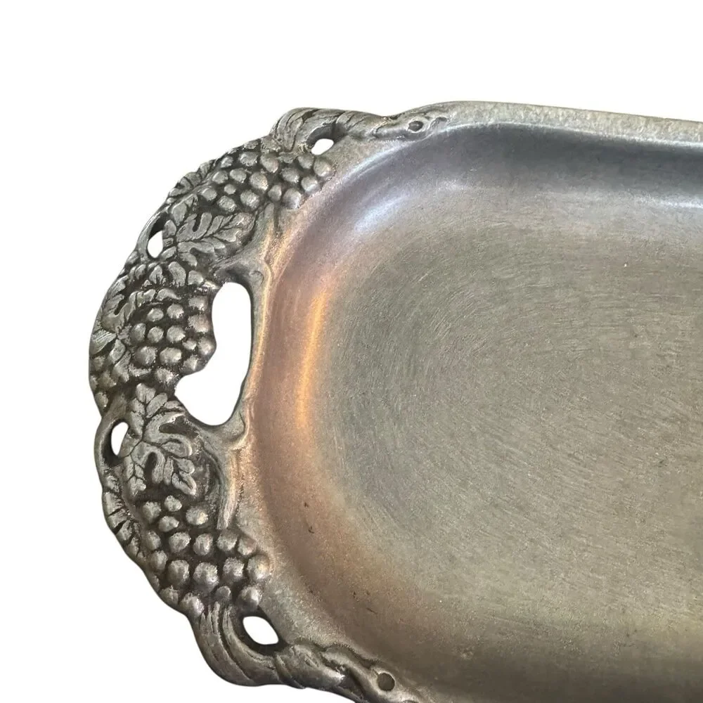 Vintage Pewter Serving Tray Dish Ornate Grape Handles 11.5